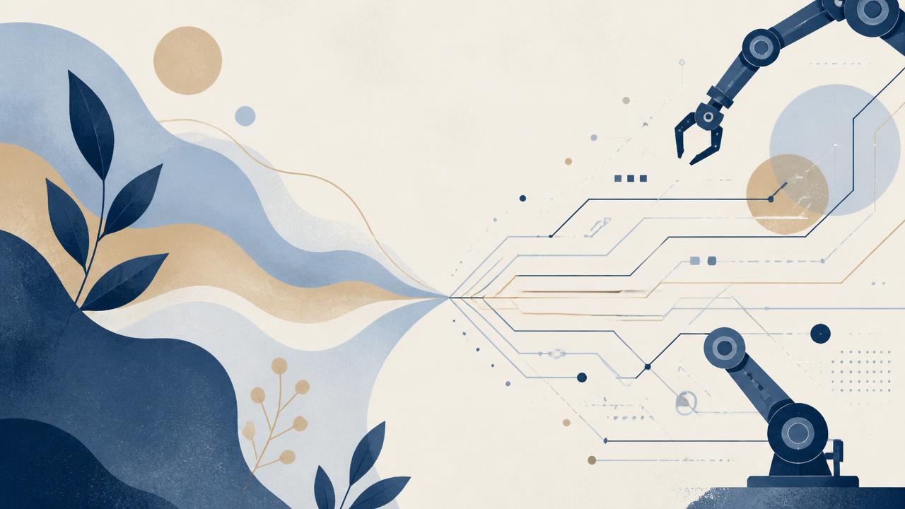 Abstract illustration blending organic health forms and robotics circuitry in navy, sky, and tan tones